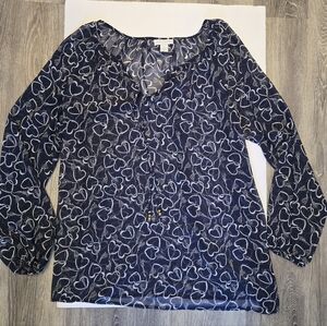 Women's Charter Club Flowy Sheer Top Navy With Heart Pattern Size Large L